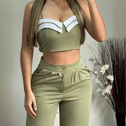 Two-piece Set, Sleeveless Suspenders, Short Contrasting Stripes, Spliced Trousers, Commuter Casual Suit 2025 Fashion Spring
