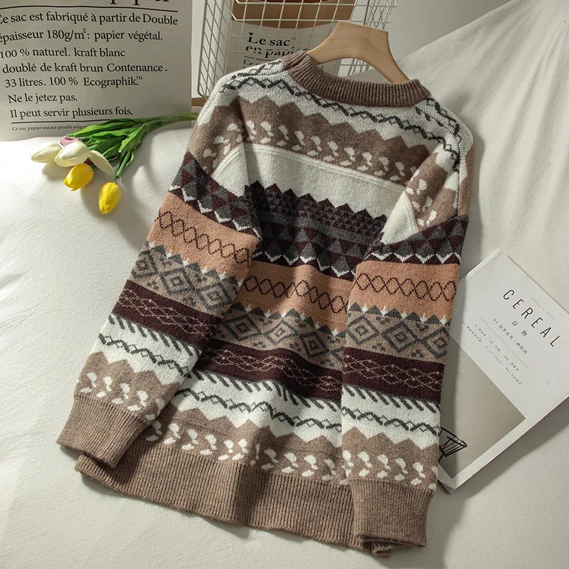 Sweater female art retro 2023 new fashion autumn and winter student Japanese diamond jacquard pullover sweater
