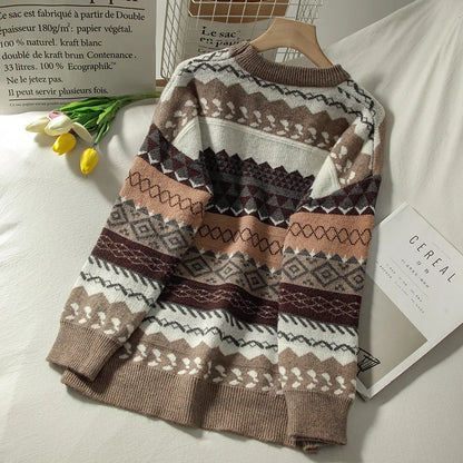 Sweater female art retro 2023 new fashion autumn and winter student Japanese diamond jacquard pullover sweater
