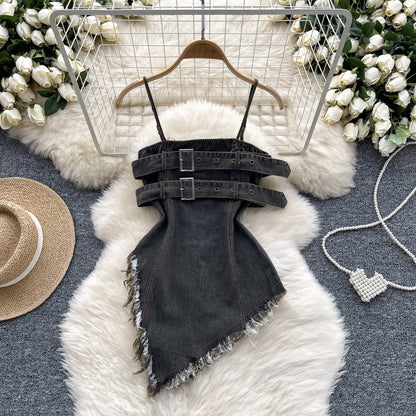 Chic sweet cow boy pleated asymmetrical slip camis Tank Tops fashion Summer cow  Women Sling crop Top