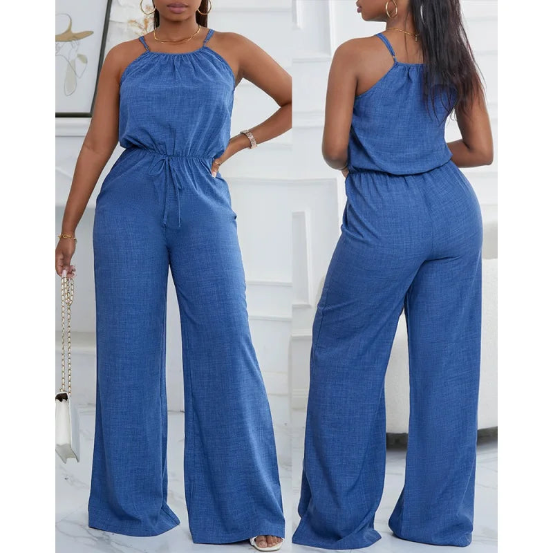 Women's Casual Blue Jumpsuit Spaghetti Straps Waist Tie Great for Daily Wear Shopping Trips Fashionable Hangouts