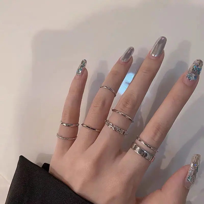 7pcs Ring set Instagram Hip Hop Style Adjustable Index Finger Joint Ring Style Retro Punk Style Men's and Women's Ring Set