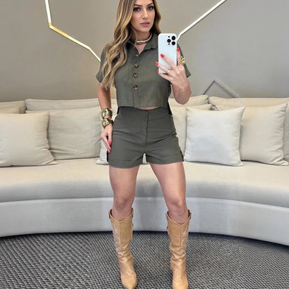 Wefads Women Shorts Suits Lapel Half Sleeve Single Breasted Shirt Wide Leg Shorts 2025 Summer New Chic Lady Green Sets