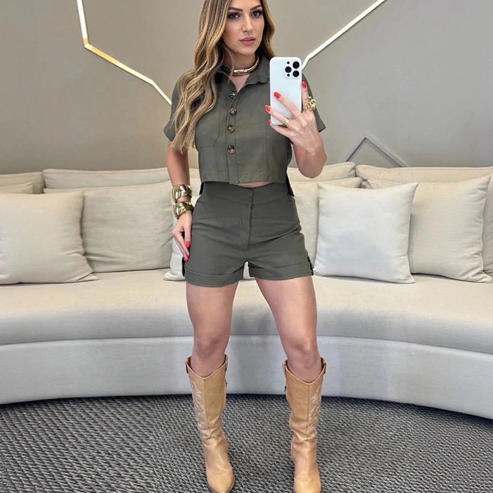 Wefads Women Shorts Suits Lapel Half Sleeve Single Breasted Shirt Wide Leg Shorts 2025 Summer New Chic Lady Green Sets