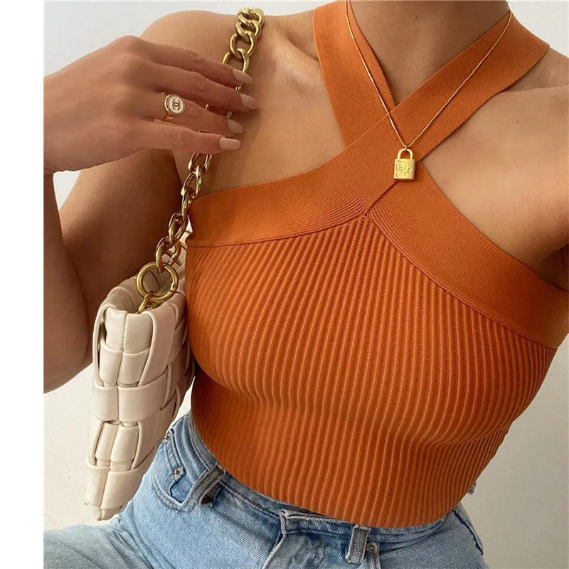 Spring and Summer New Cross Neck Suspender Vest, Knitted Backless Bandage Strapless Sweater 2025