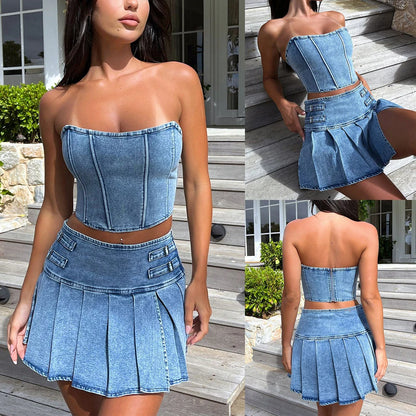 Sexy Summer Outfits Women 2024 Fashion Jean Dress with Skirt 2 Piece Sets Bustier Blue Denim Two Piece Outfit Split Skirt Set
