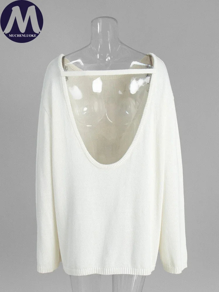 Sweater for Woman Autumn Winter New Lazy Style O Neck Knitted Sweater Fashionable Casual Loose Backless Sweaters Pullovers