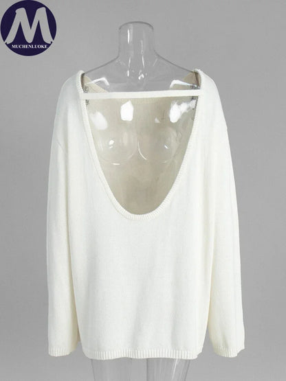 Sweater for Woman Autumn Winter New Lazy Style O Neck Knitted Sweater Fashionable Casual Loose Backless Sweaters Pullovers
