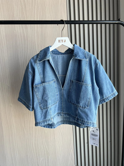 Denim suit 2025 New Hottie Style women sexy V-neck loose version short denim top asymmetrical culottes