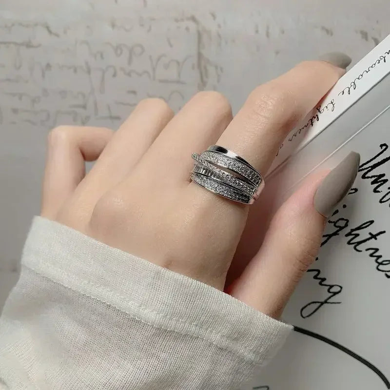 Korea New Fashion Jewelry Exquisite Silver Color Zircon Ring Elegant Women's Opening Adjustable Wedding Gift Luxury Accessory