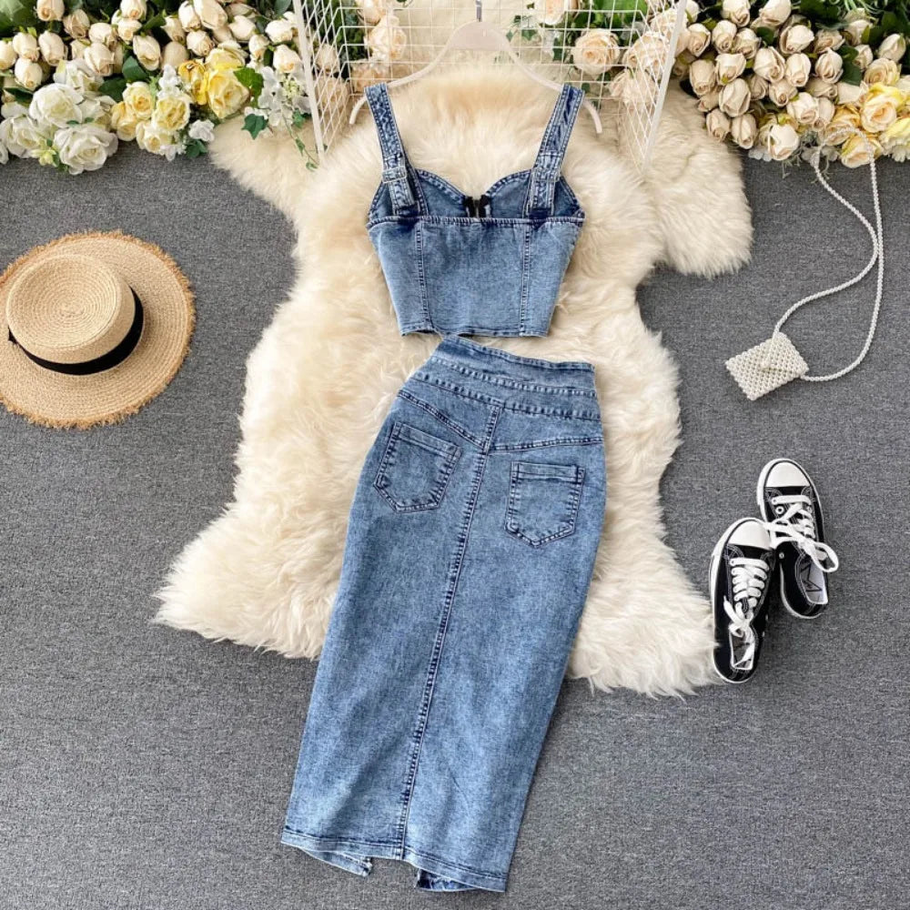 Women Denim 2 Piece Sets Sleeveless Zipper Crop Top Skirt Distressed Zipper Long Skirts Outfits Streetwear Overskirt Suit 2025
