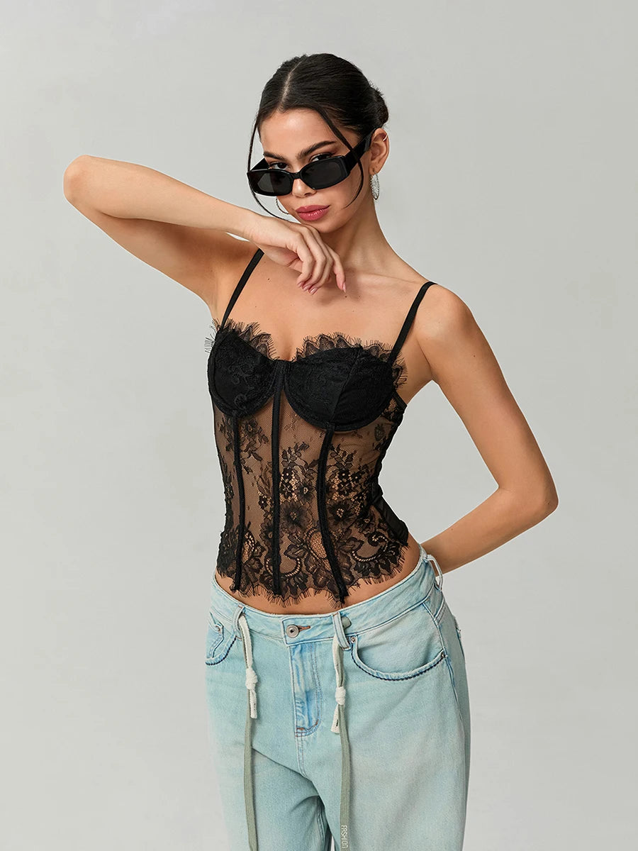 Women's Lace Corset Tops Sleeveless Camisole Bustier Mesh Floral Retro Sexy Tank Tops