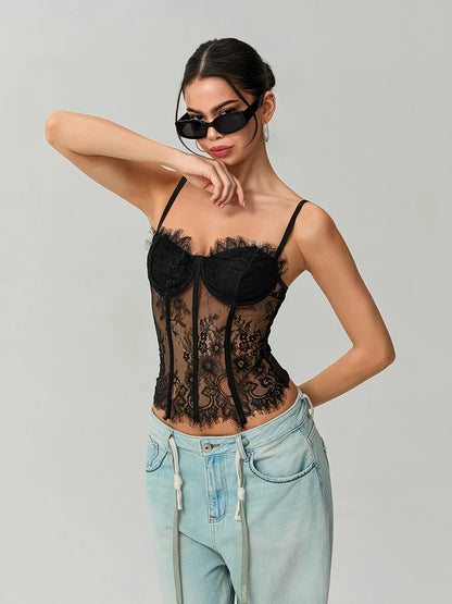 Women's Lace Corset Tops Sleeveless Camisole Bustier Mesh Floral Retro Sexy Tank Tops