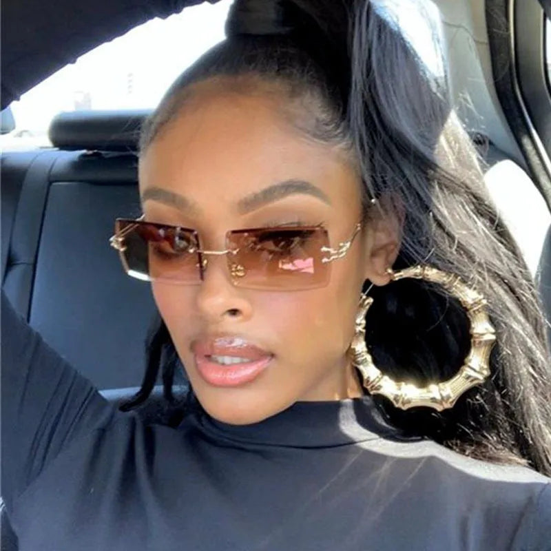 Vintage Fashion Rimless Sunglasses for Women Frameless Rectangle Shades Gradient UV400 Summer Traveling Sun Glasses for Womenn