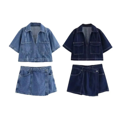 Denim suit 2025 New Hottie Style women sexy V-neck loose version short denim top asymmetrical culottes