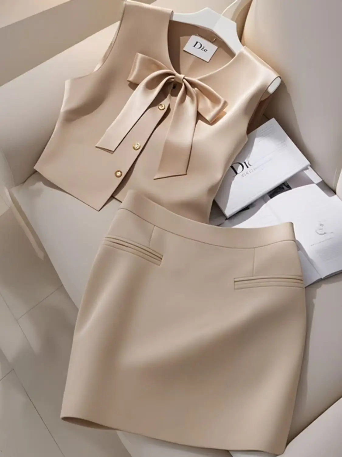 Summer New Elegant Women's Simple Outfits 2-Piece Set Fashion Bow Sleeveless Vest Top+Slim Mini Skirt High-End Office Lady Suit