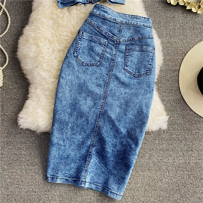 Denim Sets Women 2 Piece Suit Vest Top Skirt Outfits Sleeveless Waistcoat Irregular Long Skirts Washed Ensemble Summer 2025