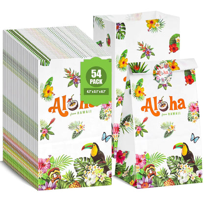 VGOODALL 54PCS Party Favor Bags Luau Hawaii Treat Bags Aloha Bags Gift Bags Paper Bags Candy Bags with Stickers for Aloha Hawaii Party favors 4.7" x 3.1" x 8.7"