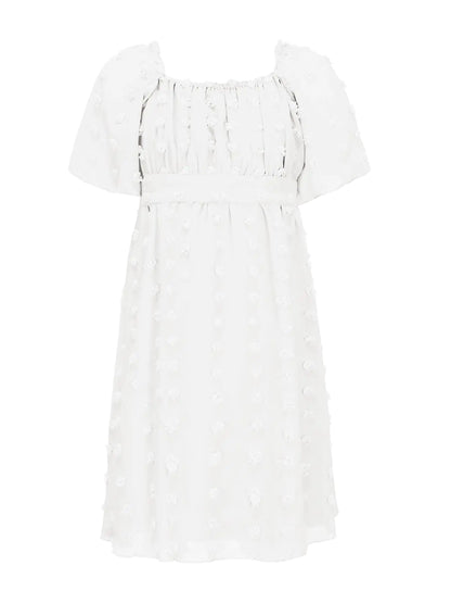 EXLURA Girls 2025 Summer Dresses Short Sleeve Swiss Dot Square Neck Flowy A Line Kids Dress Casual Party Midi Dress 6-15Y White