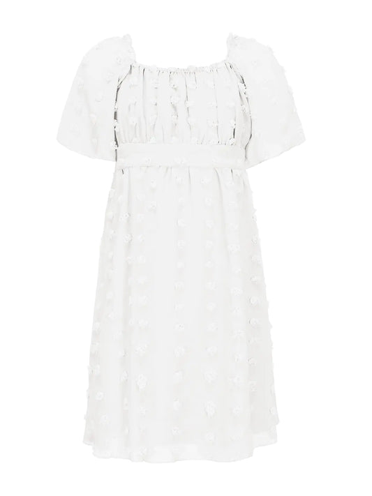 EXLURA Girls 2025 Summer Dresses Short Sleeve Swiss Dot Square Neck Flowy A Line Kids Dress Casual Party Midi Dress 6-15Y White
