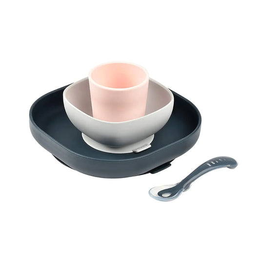 BEABA Silicone 4 Piece Baby Feeding Set Suction Plates for Baby Includes Baby Plate Baby Bowl Baby Cup 2nd Stage Silicone Spoon High Grade Food Safe Silicone Baby Must Haves Midnight