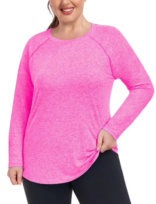 COOTRY Plus Size Workout Tops for Women Long Sleeve Shirts Breathable Moisture Wicking Athletic Gym Yoga Clothing Pink 4XL