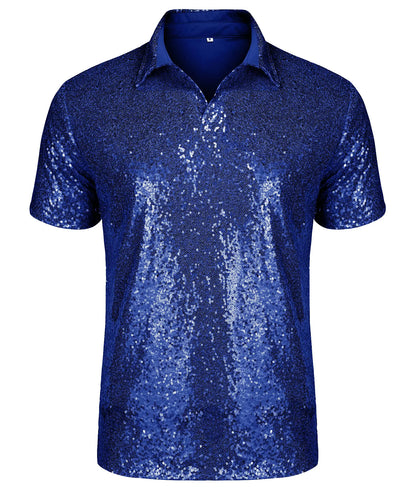 URRU Mens Relaxed Short Sleeve Turndown Sparkle Sequins Polo Shirts 70s Disco Nightclub Party T-Shirts Tops Blue XL