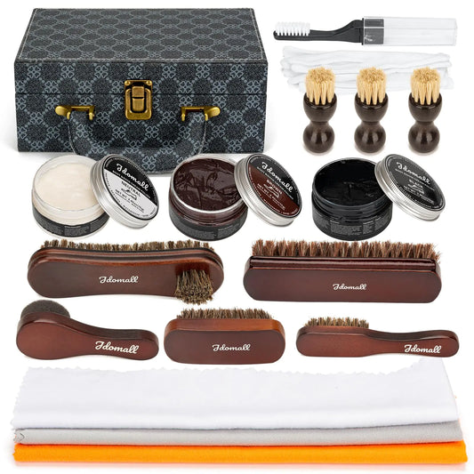 Jdomall Shoe Shine Kit Premium Deluxe Shoe Polish Kit - 2.65oz Black Brown & Neutral Shoe Polish with Brushes Buffing Cloth & More - Perfect Gift for Leather Shoes & Boots Care Kit