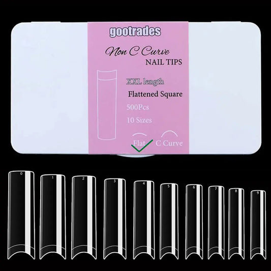 INENK Flattened No C Curve XXL Square Nail Tips Clear Half Cover Tapered Square Straight Nail Tips Flat for Acrylic Nails Salons and DIY with a Box(10 Sizes 500PCS)