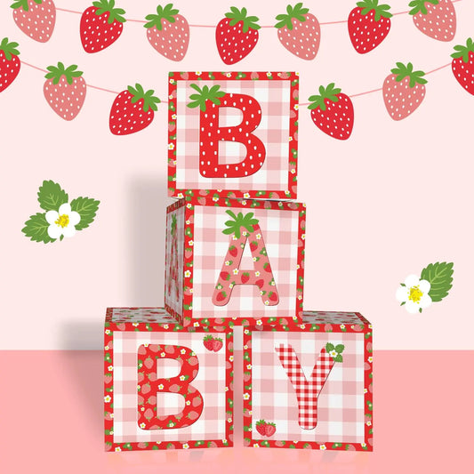 Lopeastar Strawberry Baby Shower Decorations Baby Boxes Banner Set Berry Sweet Baby Boxes with Letters for Baby Shower Blocks Strawberry Banner Party Decorations