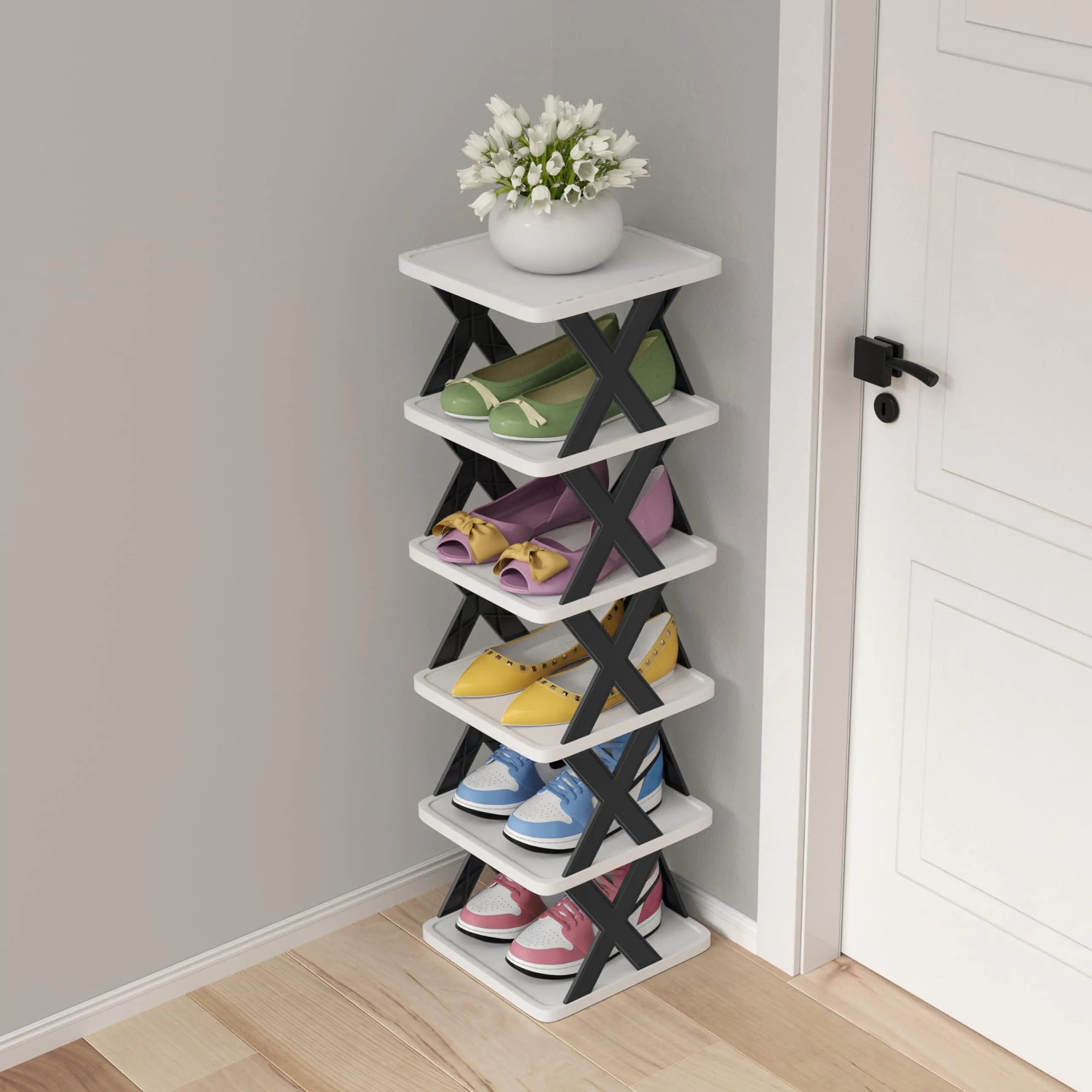 6 Tier Narrow Shoe Rack Small Stackable Shoe Stand Space Saving Furniture Shoe Storage Organizer for Entryway Closet Vertical Shoe Tower Rack