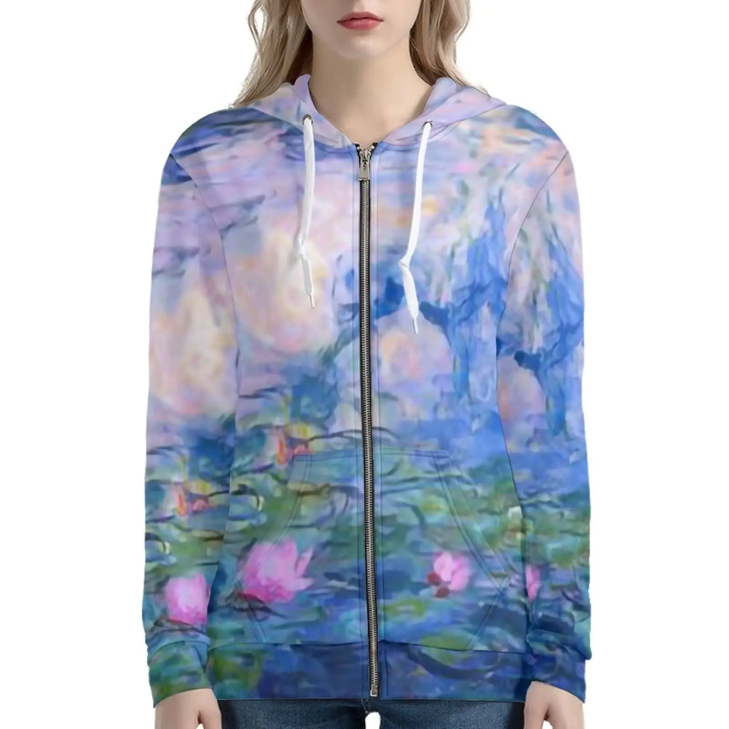 Showudesigns Monet Water Lilies Painting Pattern Zip Up Hoodies & Sweatshirts for Women Small Lotus Jackets Yoga Clothing Teens Outfits Fall Pullover Tops Y2K Sweater Blue
