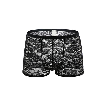 Men's Sexy Lace Pattern Mesh Black Thong Briefs
