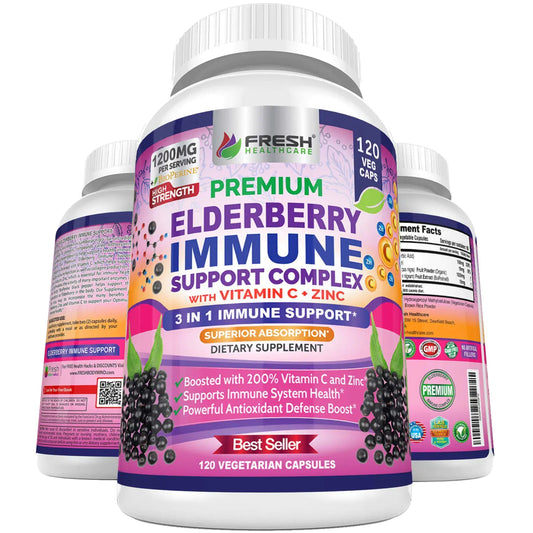 FRESH HEALTHCARE Elderberry Capsules - High Potency Black Elderberry with Zinc and Vitamin C - Premium Elderberry Vitamins for Adults - 3 in 1 Immune Support Supplement