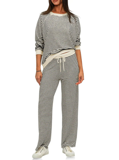 Tankaneo Womens Fall 2 Piece Outfits Striped Long Sleeve Sweatshirt Drawstring Pants Matching Set Tracksuit Apricot
