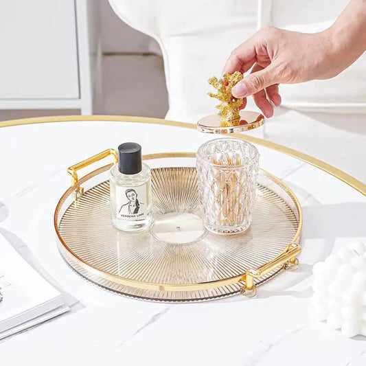 Acrylic Vanity Tray with Gold Handles Decorative Serving Tray for Jewelry Comestic Candle Dish Plate Vanity Counter Bathroom Table Organizer Amber (11.8 x 1.3” H)