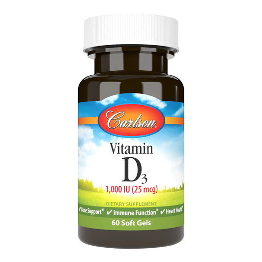 Carlson - Vitamin D3 1000 IU (25 mcg) Bone Health Muscle Health Cholecalciferol Vitamin D Supplements Vitamin D3 Soft Gels 60 Softgels