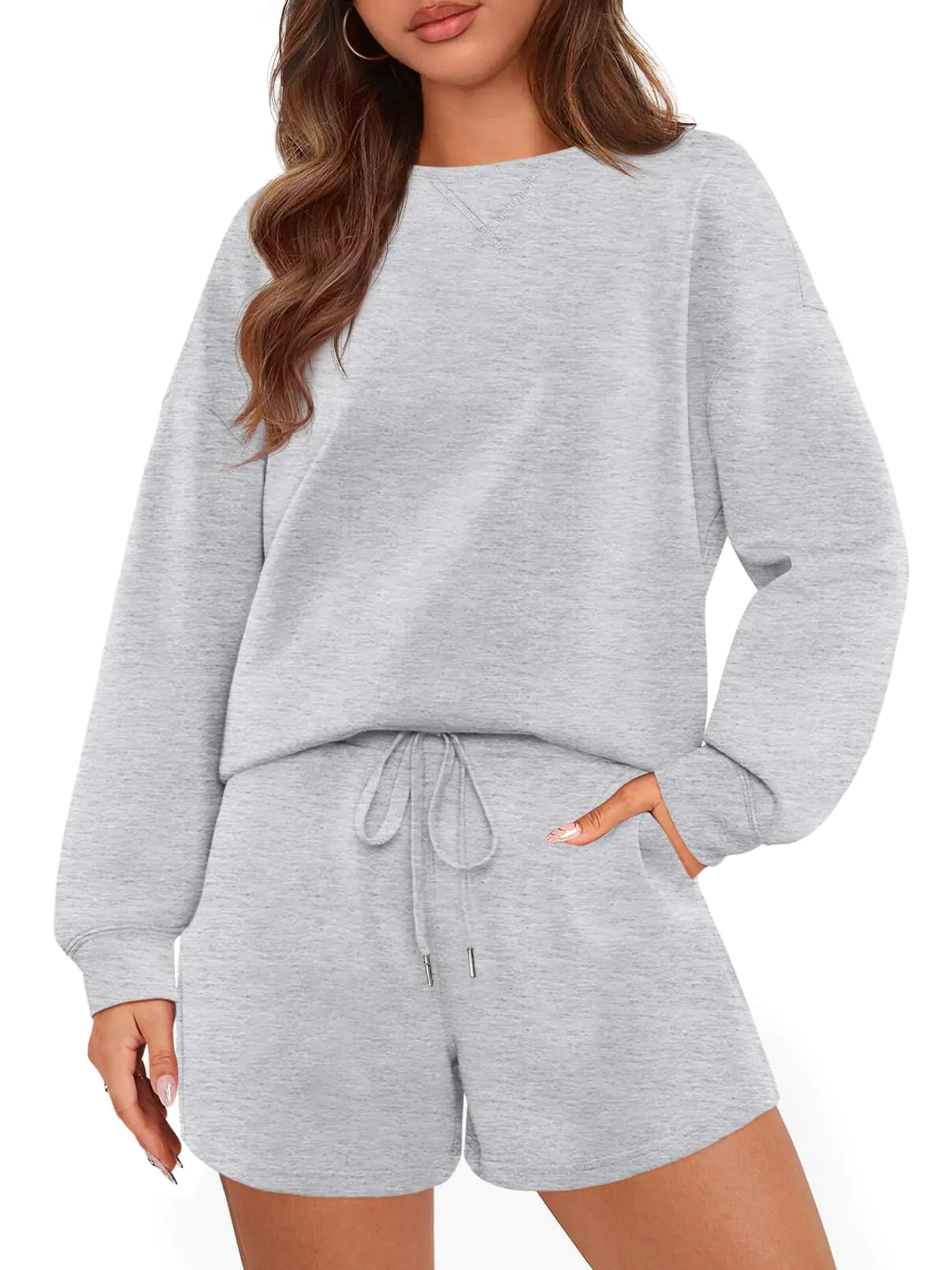 MEROKEETY Womens 2 Piece Outfits Short Sweatsuits Long Sleeve Sweatshirt Sweat Tracksuit Lounge Sets LightGrey Small