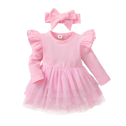 Baby Girl Ruffle Sleeve Romper Dress Outfit Newborn Princess Tulle Dresses Infant Jumpsuit Tutu Skirt Set Clothes (Pink-Long Sleeve 6-9 Months)