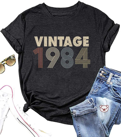 Vintage 1984 Shirts for Women Crewneck Hello Forty Top 40th Birthday Graphic Tees Dark Grey 1 M