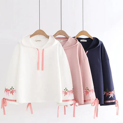Floral Embroidery Hooded Tracksuit with Flare Sleeves