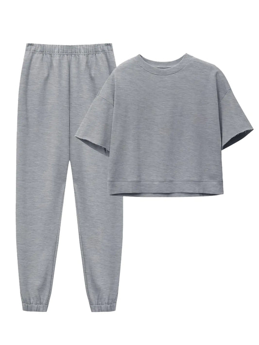 Fisoew Womens 2 Piece Outfits Oversized Cropped Sweatshirt and High Waist Running Pants Casual Tracksuit Sets