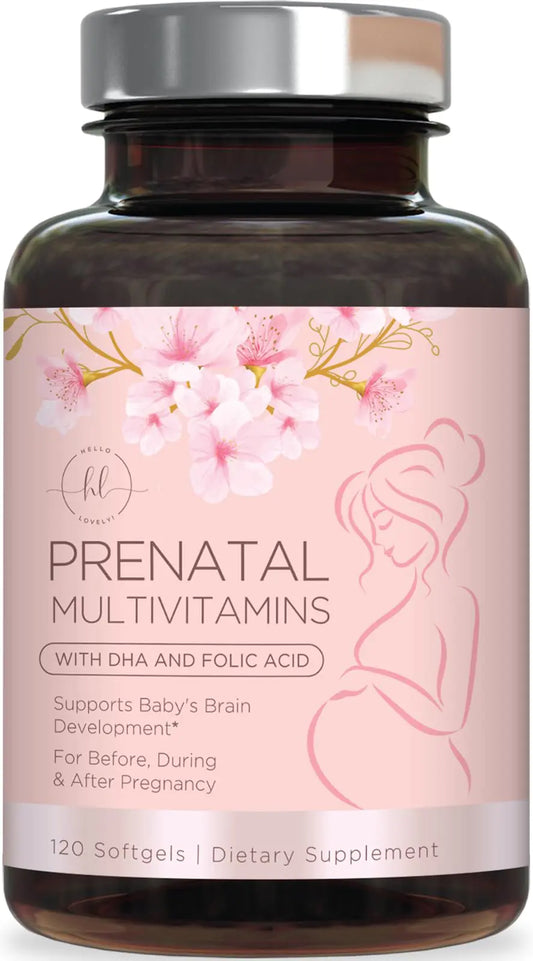 Womens Prenatal Multivitamin with Folic Acid + DHA Essential Prenatal Vitamins with Folate Omega 3 Vitamin D3 B6 B12 & Iron Pregnancy Support Supplement for Mom and Baby - 120 Softgels