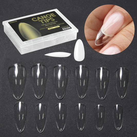 DIAMI Canoe Tips Clear 1box (360pcs 12sizes) - Long Oval Shaped Nail Tips | Clear Nail Tips for Acrylic Nails | Fake & Full Cover Nail Tips | Natural Almond C Curve Gel Nail Tips Clear & Long