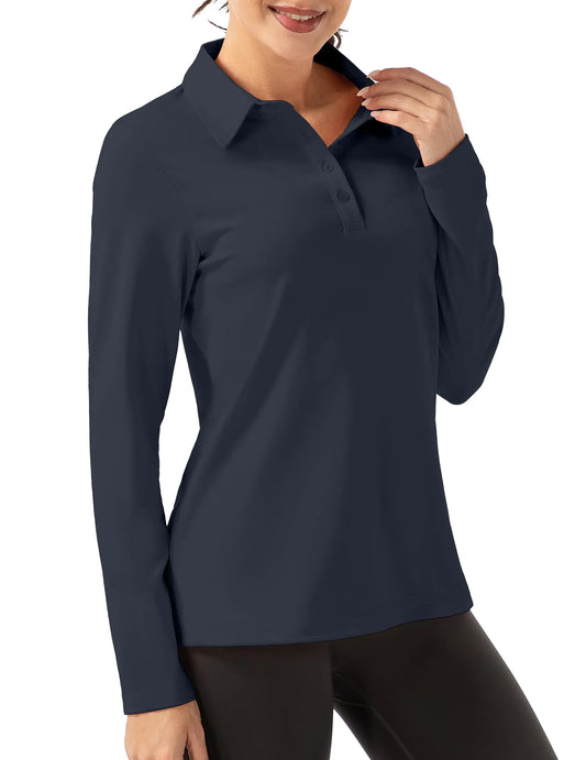 FKEEP Women Long Sleeve Polo Shirt Golf Sport Top Athletic Sportswear Tennis Activewear (Grey Blue XL)