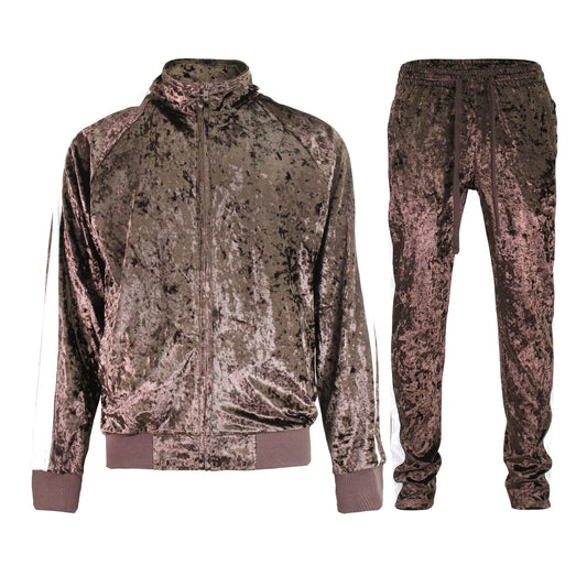 G-Style USA Mens Velvet Velour Tracksuit Set - Zipper Jacket and Sweatpants ST851 - Brown - Small