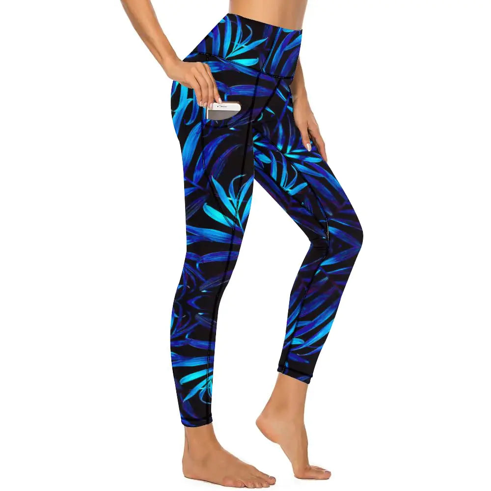 KevaMolly Women Yoga Pants with Phone Pockets High Waisted Leggings Petite Length Workout Activewear Plant5 Print