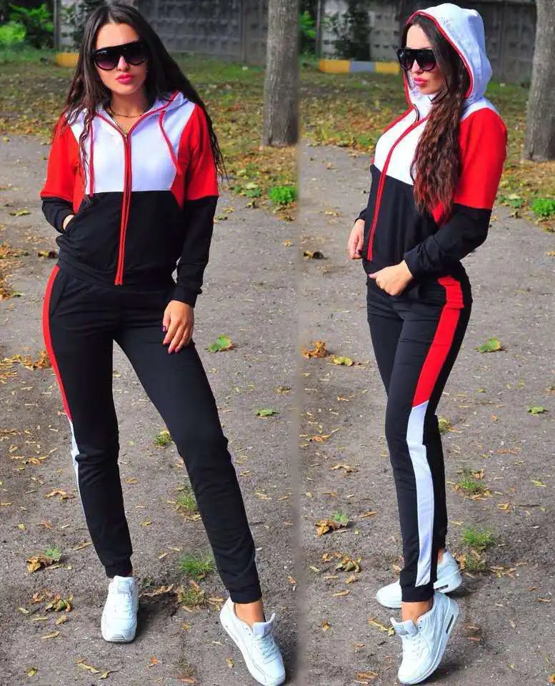 2020 Women's Color Block Hooded Knit Tracksuit Set