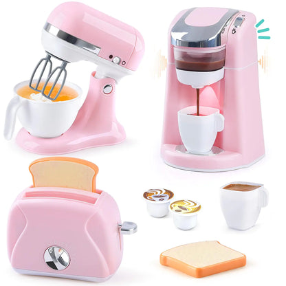 Play Kitchen Appliances Toys - Kids Kitchen Playset Accessories Pretend Play Toy Sets with Coffee Maker Mixer Toaster with Realistic Lights & Sounds Gifts for Toddler Girls Ages 2 3 4 5 6 7