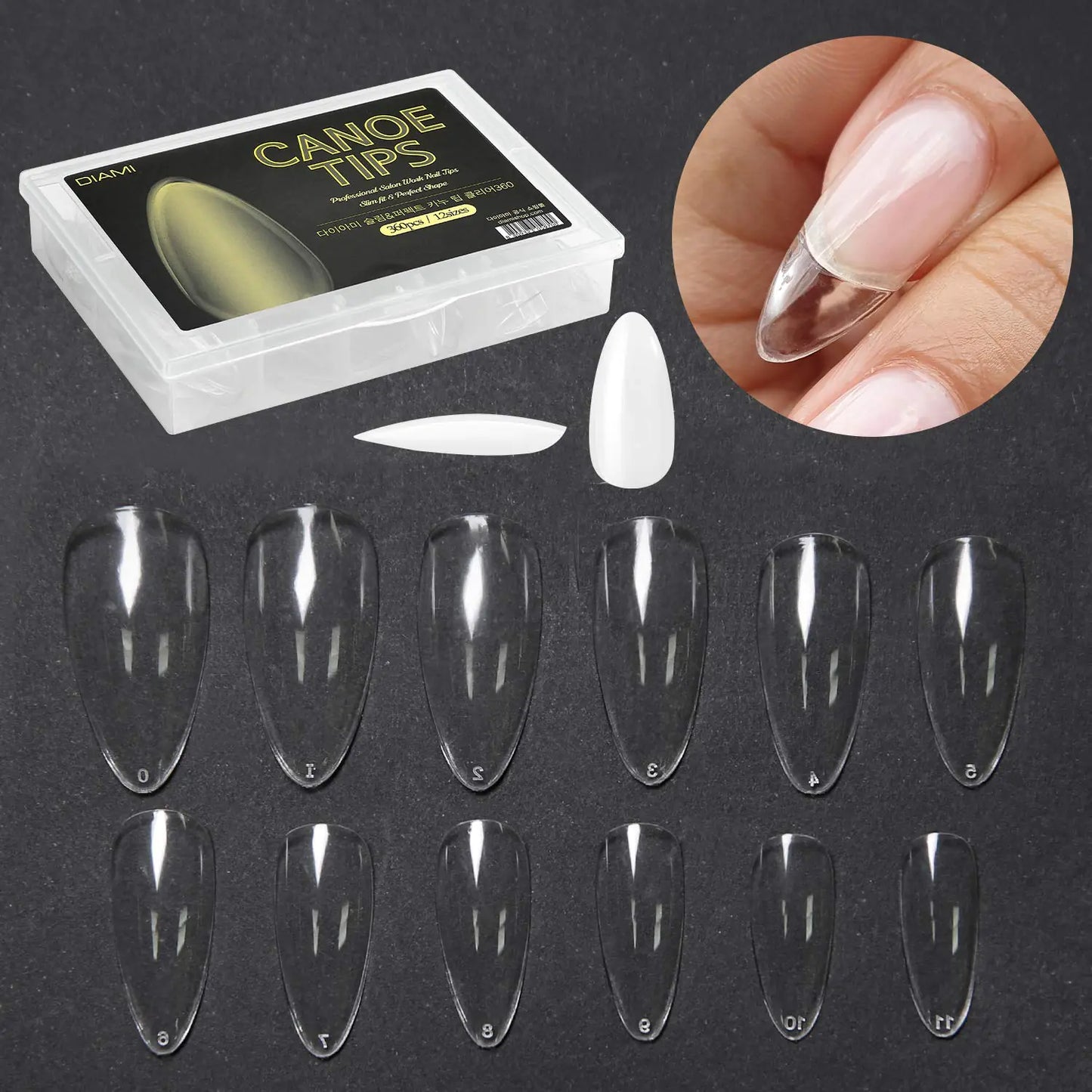 DIAMI Canoe Tips Clear 1box (360pcs 12sizes) - Long Oval Shaped Nail Tips | Clear Nail Tips for Acrylic Nails | Fake & Full Cover Nail Tips | Natural Almond C Curve Gel Nail Tips Clear & Long